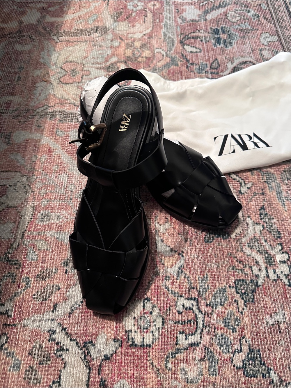 ZARA Black Woven Leather Slingback Mules